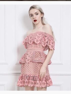 Off-Shoulder Pink Lace Peplum Dress